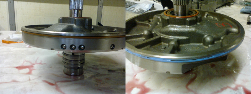 LEFT: After bolting the stator support to the pump body, a new seal goes around the edge. RIGHT: The instructions call for a thin coat of sealant on the O-ring. Weird, but ...okay. I’m not gonna pretend that I’m smarter than the instructions.